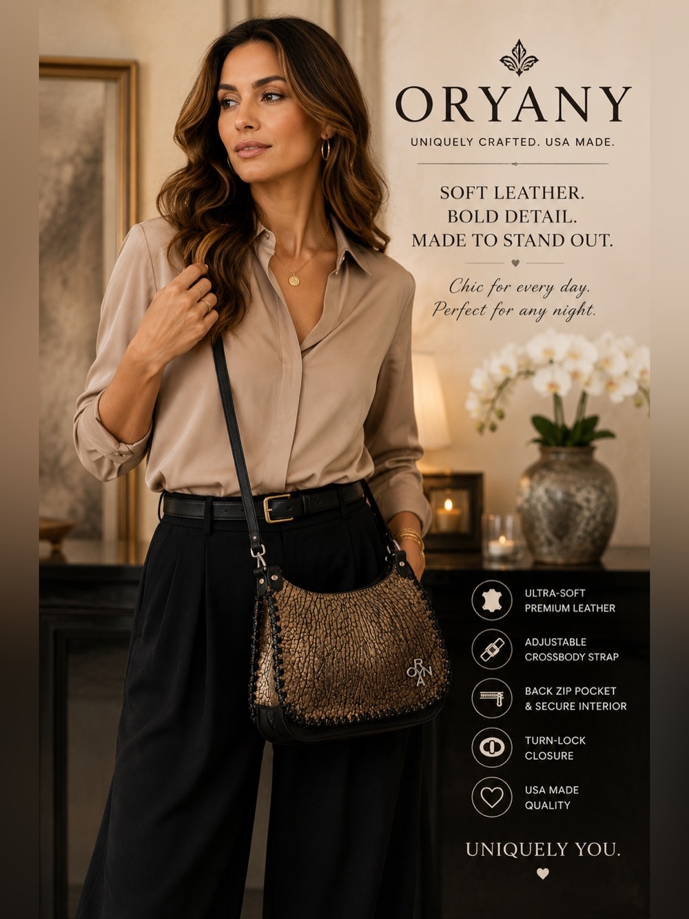 Oryany CROSSBODY in Metallic & Black leather | Whipped Stitching | Dust Bag